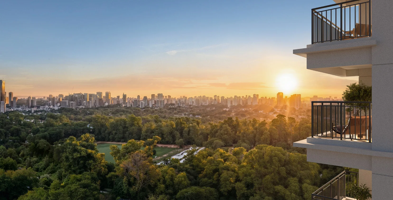 Vista da Torre A ao entardecer sobre o Clube Hípico de Santo Amaro