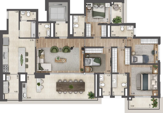 Planta Torre D — 184 m², 4 suítes