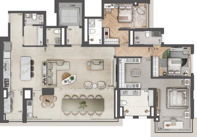 Planta Torre D — 184 m², 3 suítes